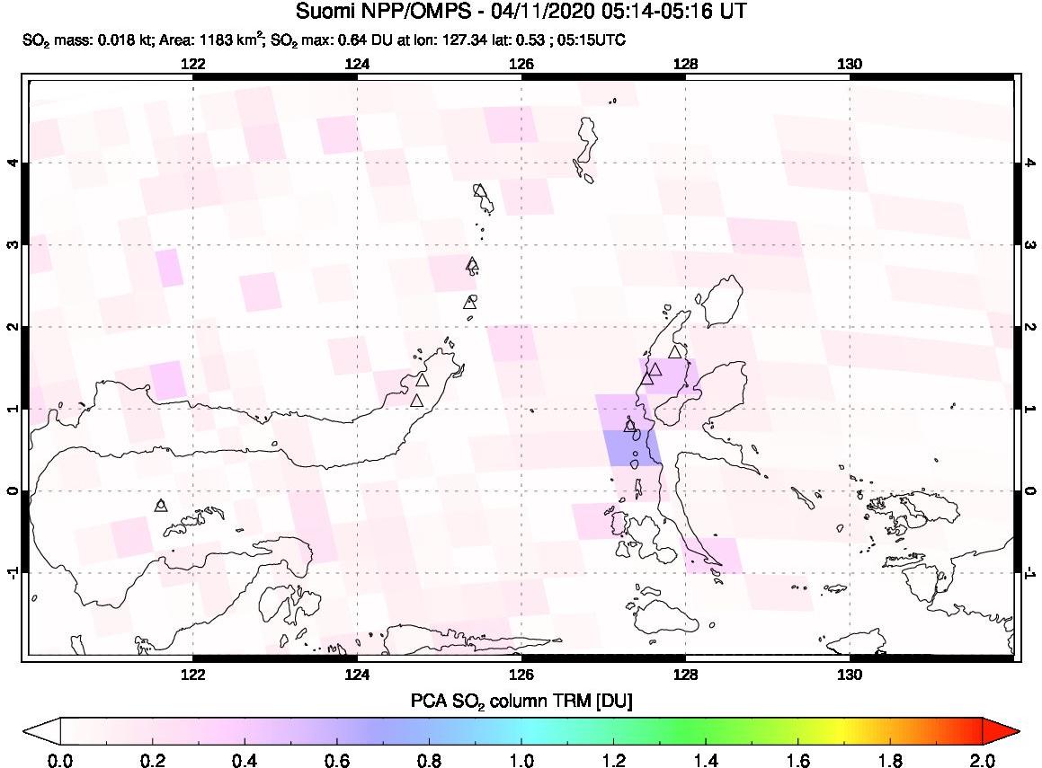 A sulfur dioxide image over Northern Sulawesi & Halmahera, Indonesia on Apr 11, 2020.