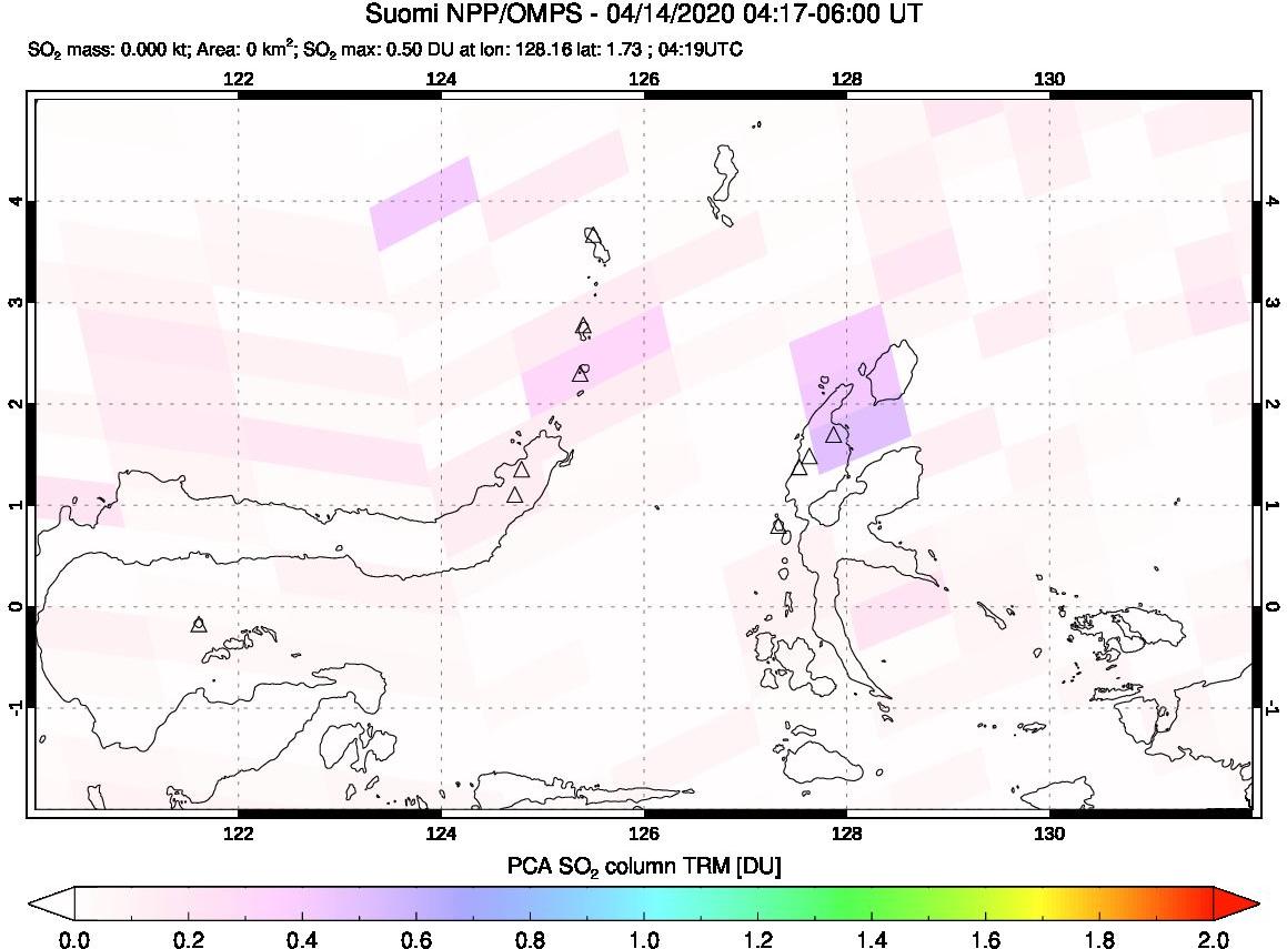 A sulfur dioxide image over Northern Sulawesi & Halmahera, Indonesia on Apr 14, 2020.