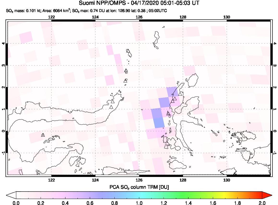 A sulfur dioxide image over Northern Sulawesi & Halmahera, Indonesia on Apr 17, 2020.