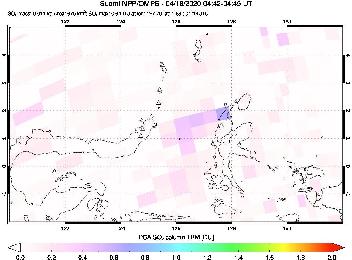A sulfur dioxide image over Northern Sulawesi & Halmahera, Indonesia on Apr 18, 2020.