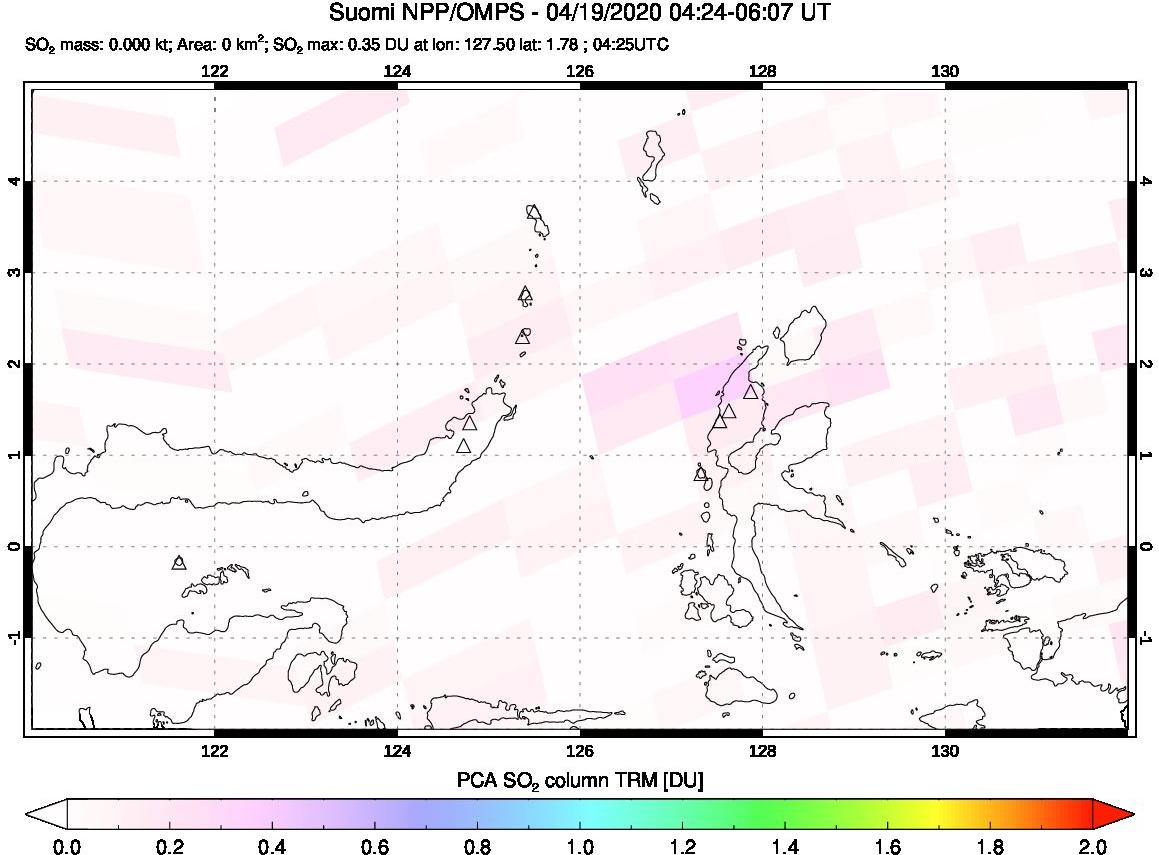 A sulfur dioxide image over Northern Sulawesi & Halmahera, Indonesia on Apr 19, 2020.