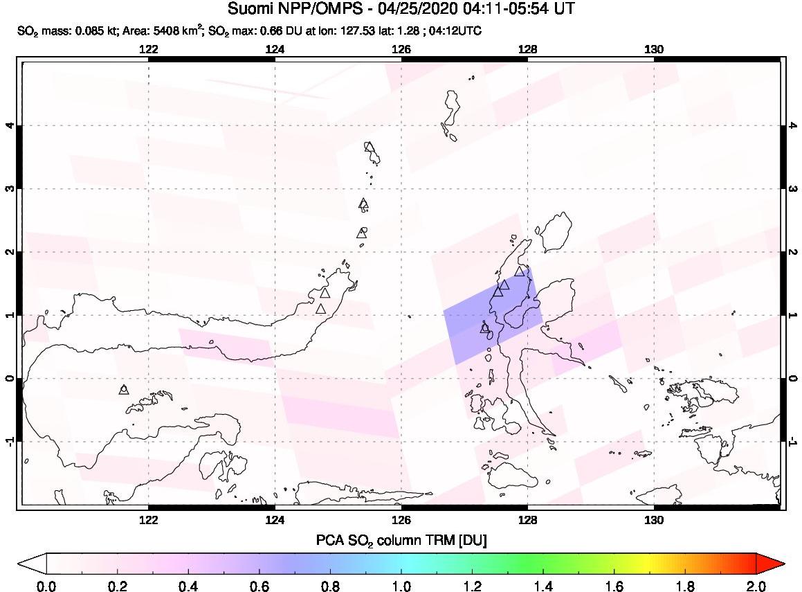A sulfur dioxide image over Northern Sulawesi & Halmahera, Indonesia on Apr 25, 2020.