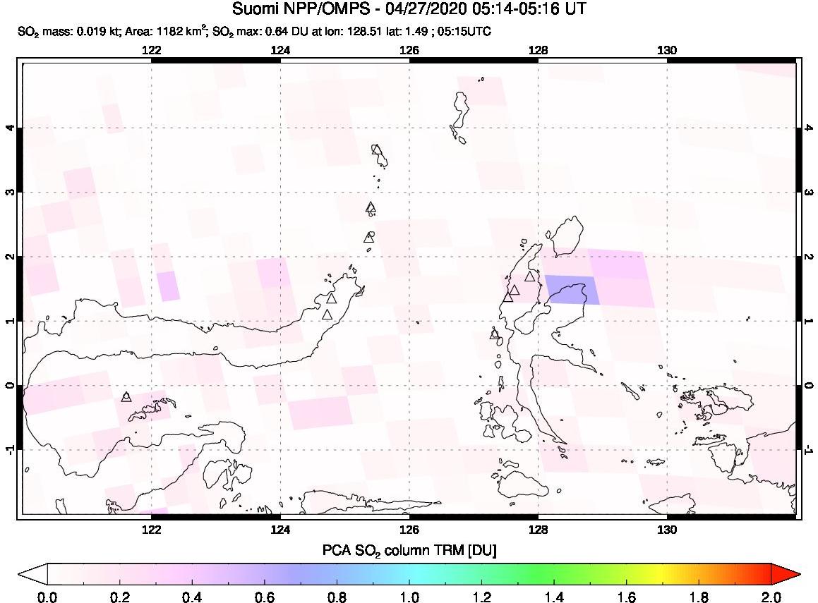 A sulfur dioxide image over Northern Sulawesi & Halmahera, Indonesia on Apr 27, 2020.