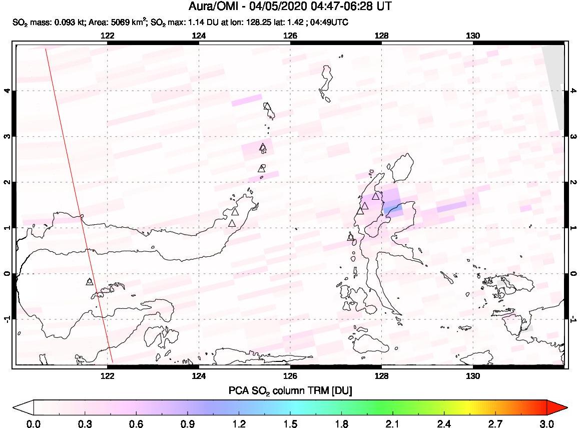 A sulfur dioxide image over Northern Sulawesi & Halmahera, Indonesia on Apr 05, 2020.