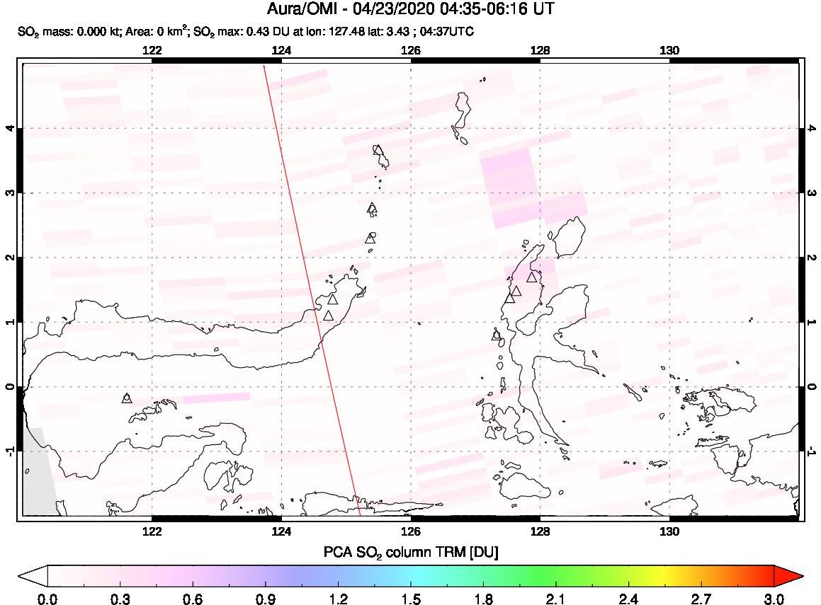 A sulfur dioxide image over Northern Sulawesi & Halmahera, Indonesia on Apr 23, 2020.