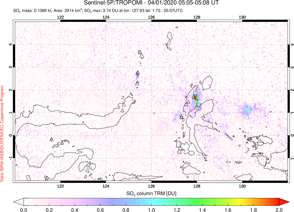 A sulfur dioxide image over Northern Sulawesi & Halmahera, Indonesia on Apr 01, 2020.