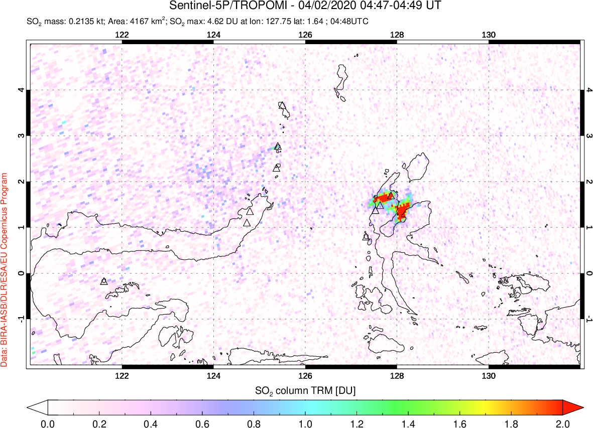 A sulfur dioxide image over Northern Sulawesi & Halmahera, Indonesia on Apr 02, 2020.