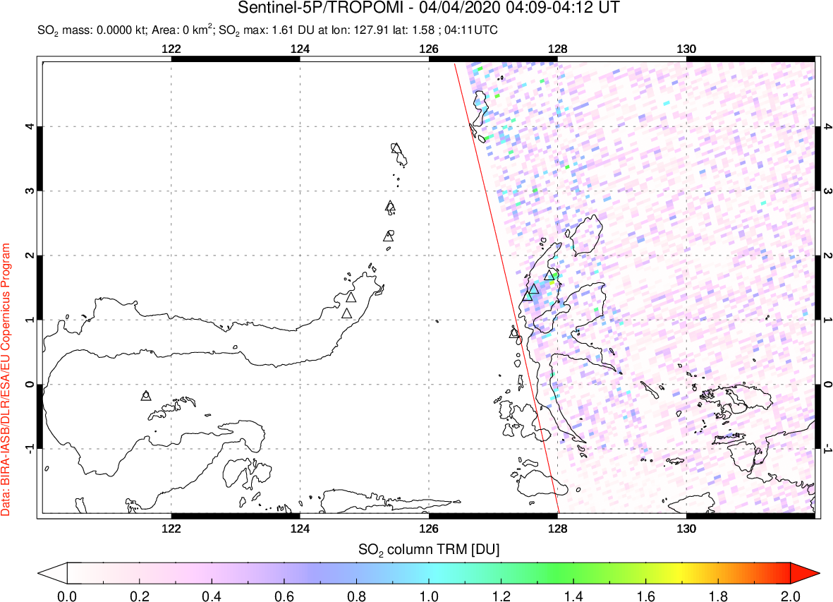 A sulfur dioxide image over Northern Sulawesi & Halmahera, Indonesia on Apr 04, 2020.