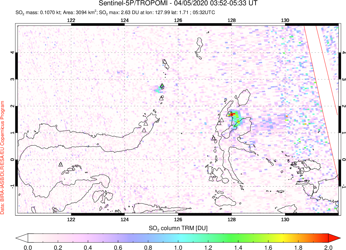 A sulfur dioxide image over Northern Sulawesi & Halmahera, Indonesia on Apr 05, 2020.