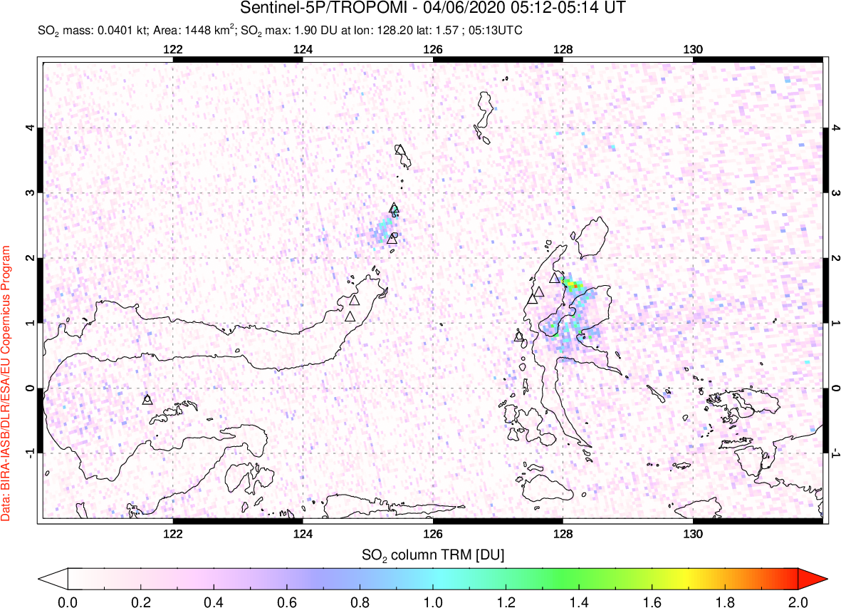 A sulfur dioxide image over Northern Sulawesi & Halmahera, Indonesia on Apr 06, 2020.
