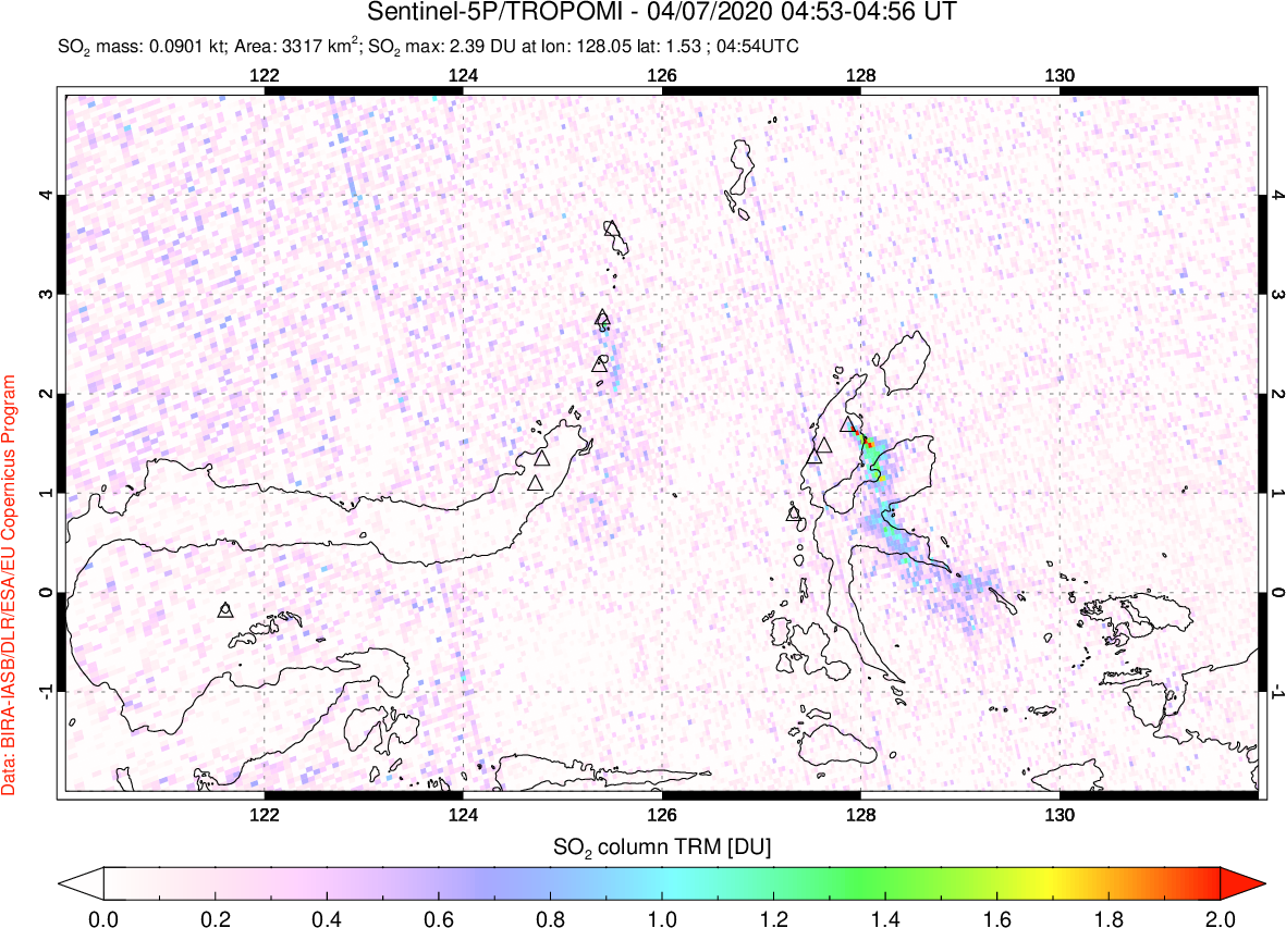 A sulfur dioxide image over Northern Sulawesi & Halmahera, Indonesia on Apr 07, 2020.