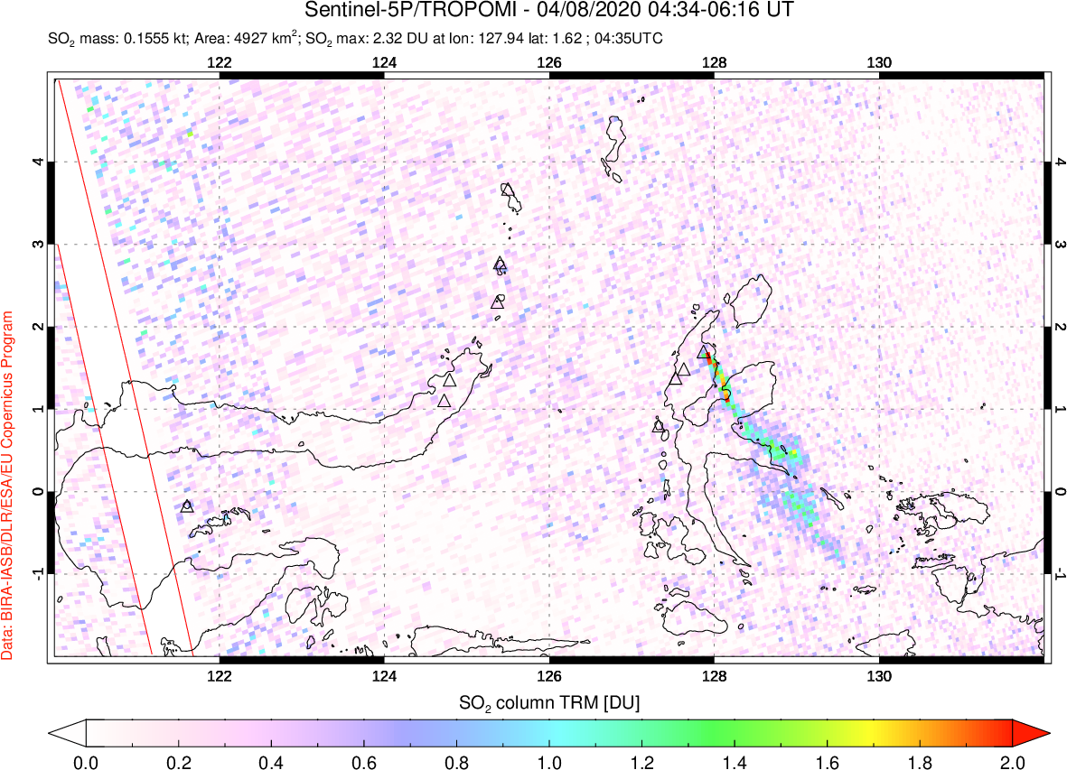A sulfur dioxide image over Northern Sulawesi & Halmahera, Indonesia on Apr 08, 2020.