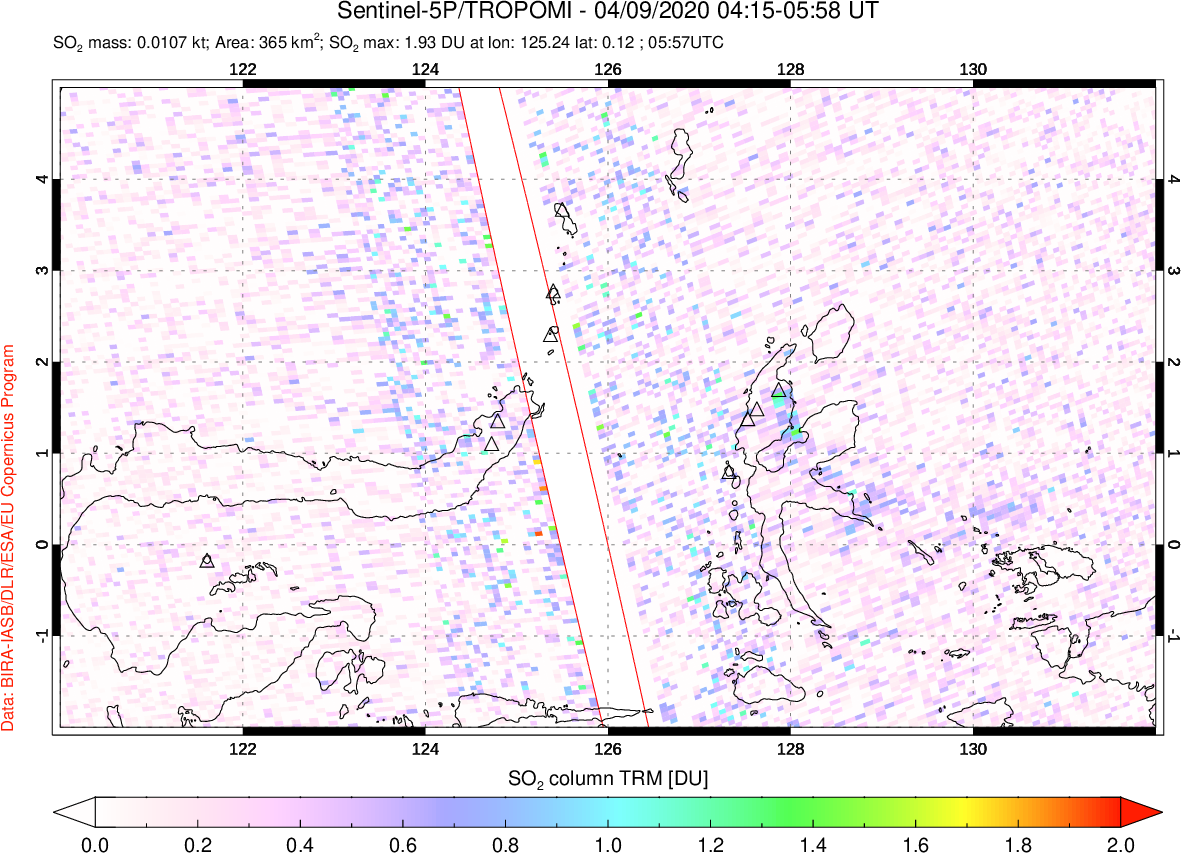 A sulfur dioxide image over Northern Sulawesi & Halmahera, Indonesia on Apr 09, 2020.