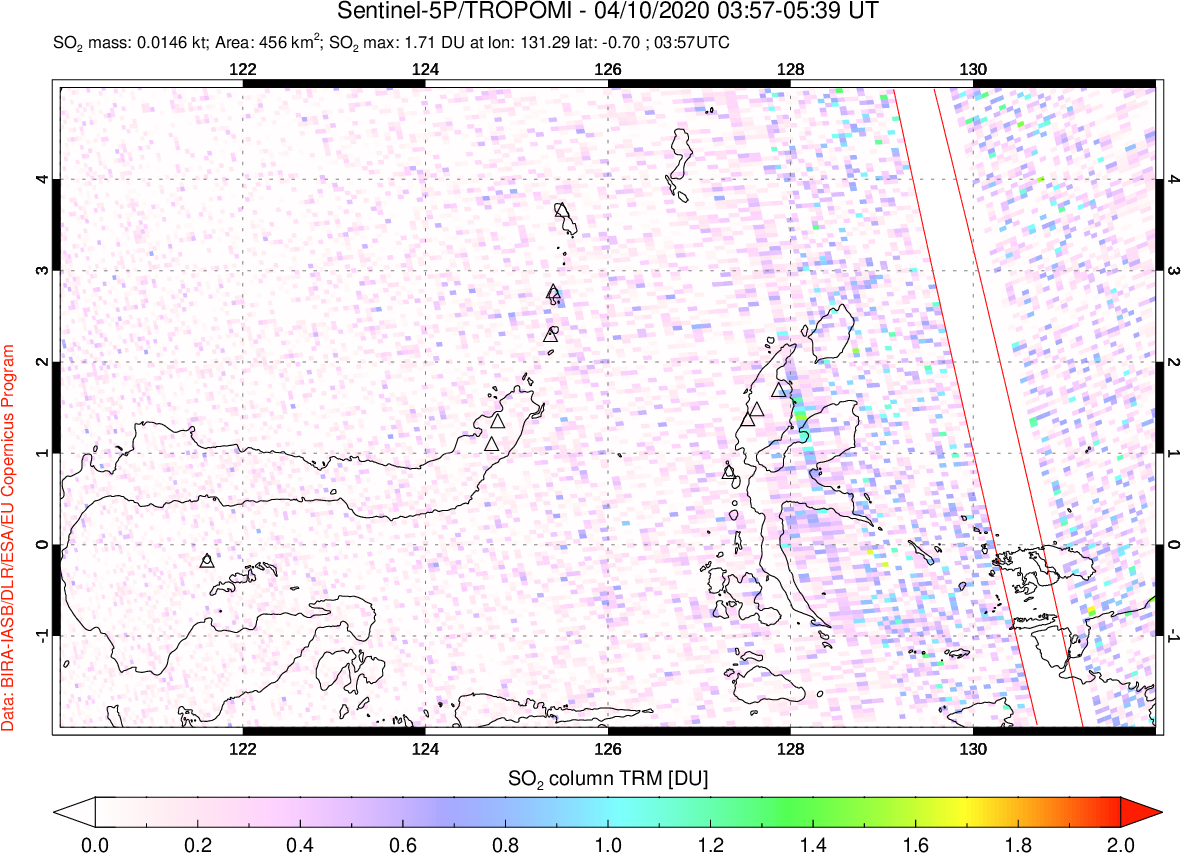 A sulfur dioxide image over Northern Sulawesi & Halmahera, Indonesia on Apr 10, 2020.