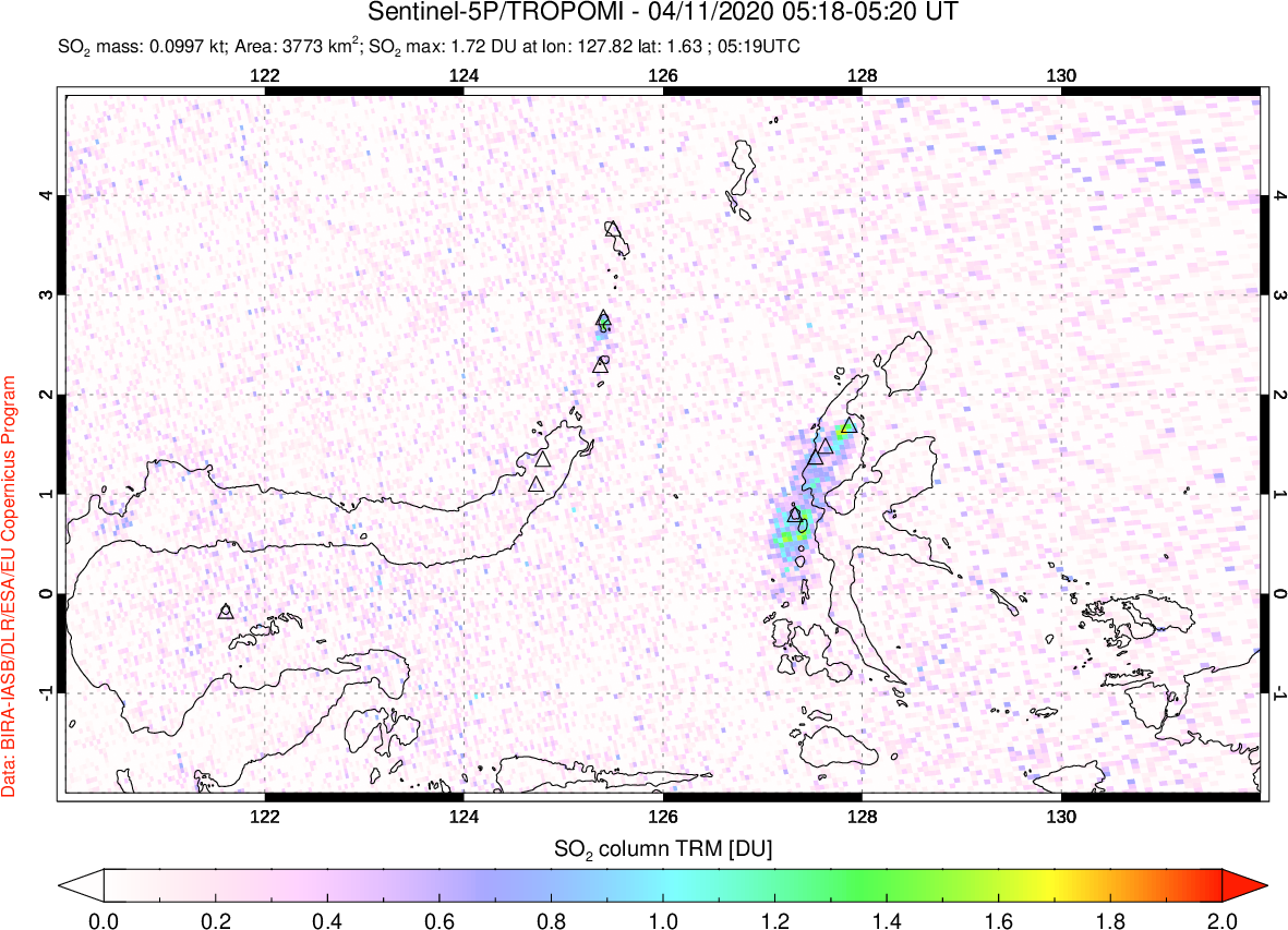 A sulfur dioxide image over Northern Sulawesi & Halmahera, Indonesia on Apr 11, 2020.