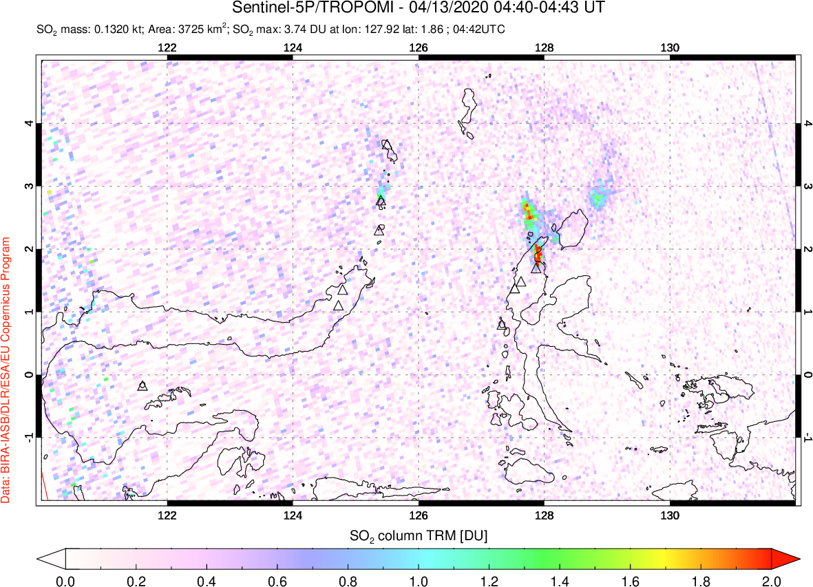A sulfur dioxide image over Northern Sulawesi & Halmahera, Indonesia on Apr 13, 2020.