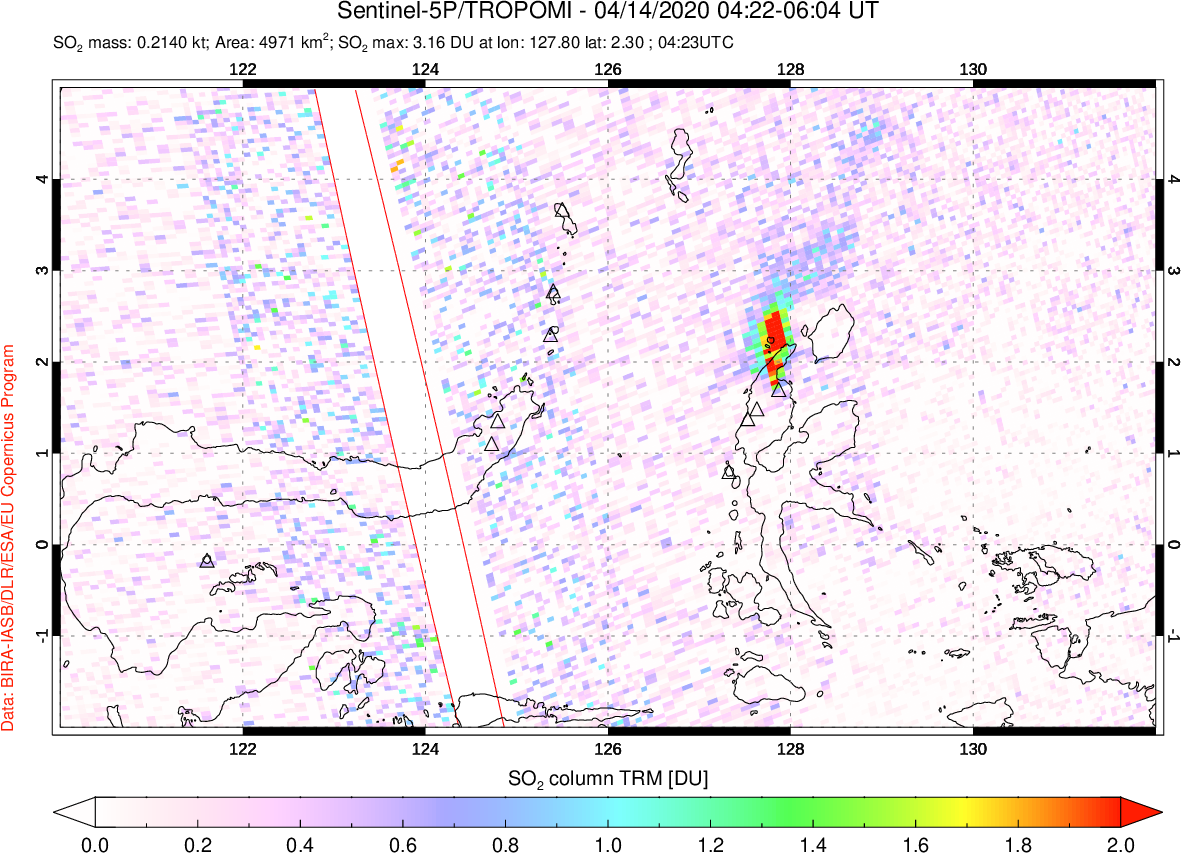 A sulfur dioxide image over Northern Sulawesi & Halmahera, Indonesia on Apr 14, 2020.