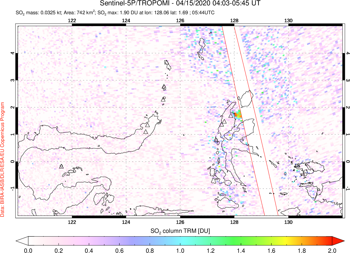 A sulfur dioxide image over Northern Sulawesi & Halmahera, Indonesia on Apr 15, 2020.