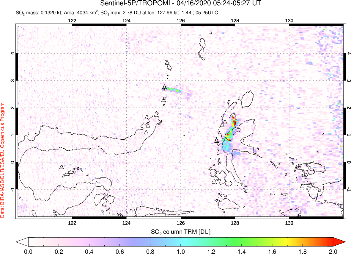 A sulfur dioxide image over Northern Sulawesi & Halmahera, Indonesia on Apr 16, 2020.