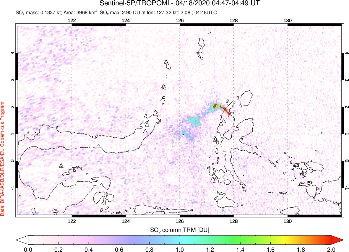 A sulfur dioxide image over Northern Sulawesi & Halmahera, Indonesia on Apr 18, 2020.