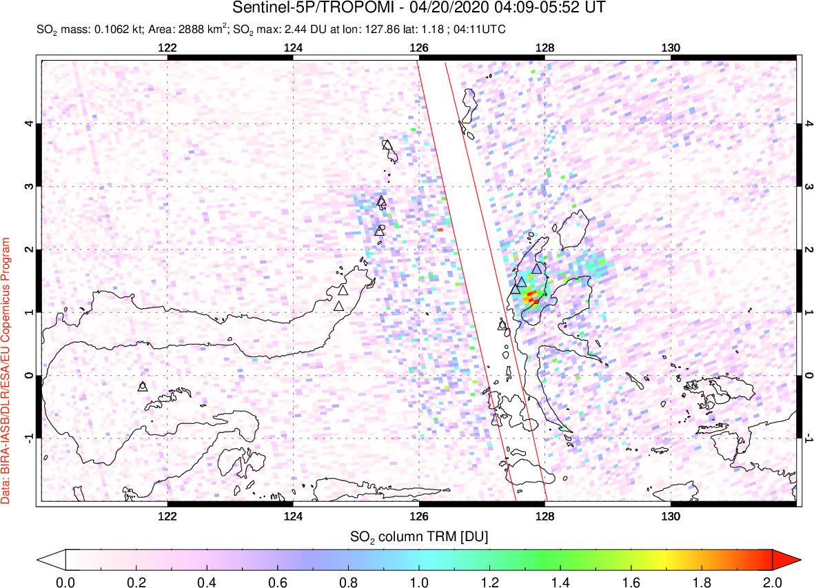 A sulfur dioxide image over Northern Sulawesi & Halmahera, Indonesia on Apr 20, 2020.