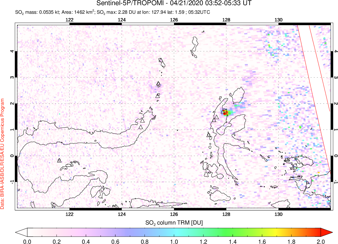 A sulfur dioxide image over Northern Sulawesi & Halmahera, Indonesia on Apr 21, 2020.