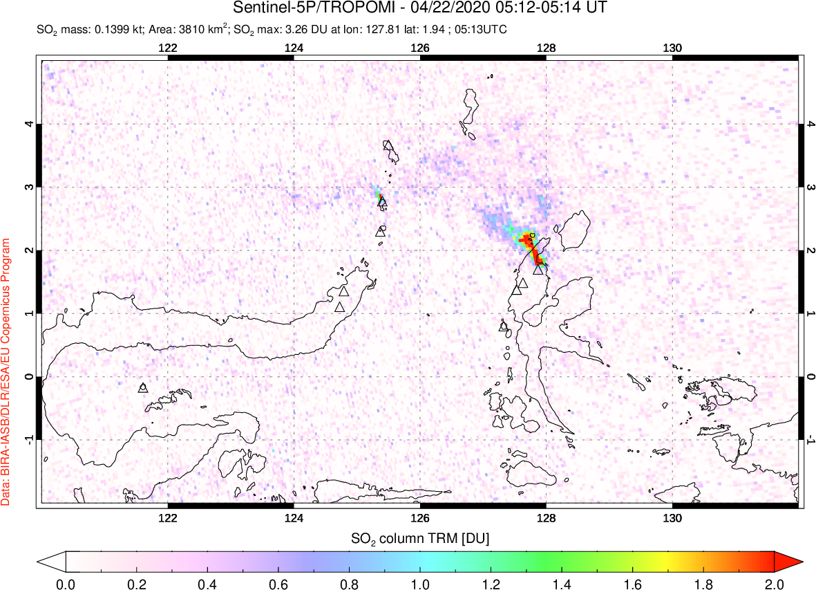 A sulfur dioxide image over Northern Sulawesi & Halmahera, Indonesia on Apr 22, 2020.