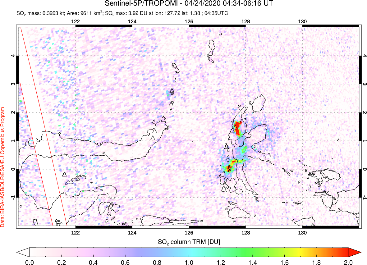 A sulfur dioxide image over Northern Sulawesi & Halmahera, Indonesia on Apr 24, 2020.