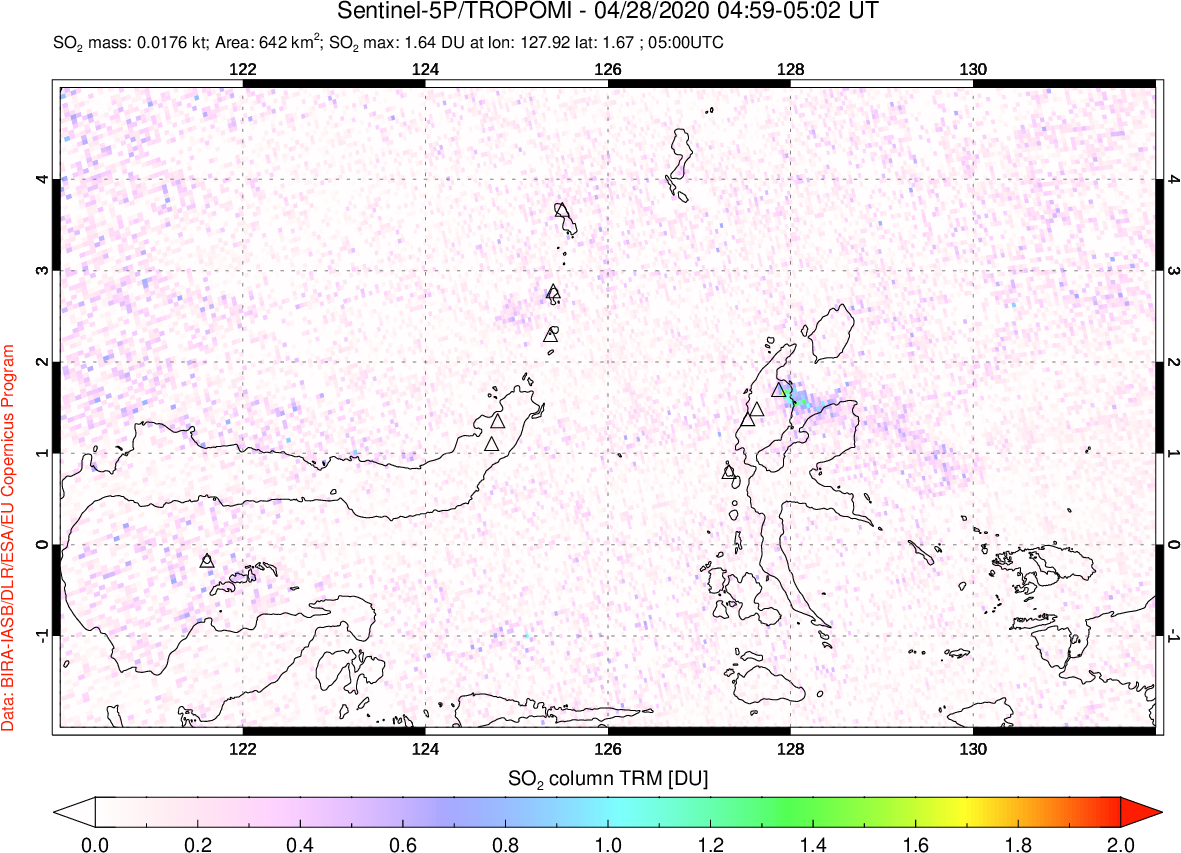 A sulfur dioxide image over Northern Sulawesi & Halmahera, Indonesia on Apr 28, 2020.
