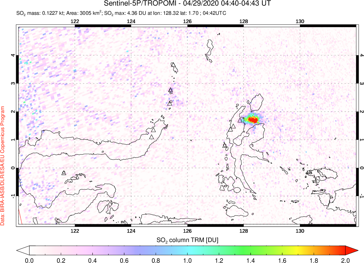 A sulfur dioxide image over Northern Sulawesi & Halmahera, Indonesia on Apr 29, 2020.