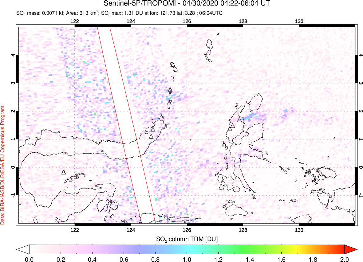 A sulfur dioxide image over Northern Sulawesi & Halmahera, Indonesia on Apr 30, 2020.