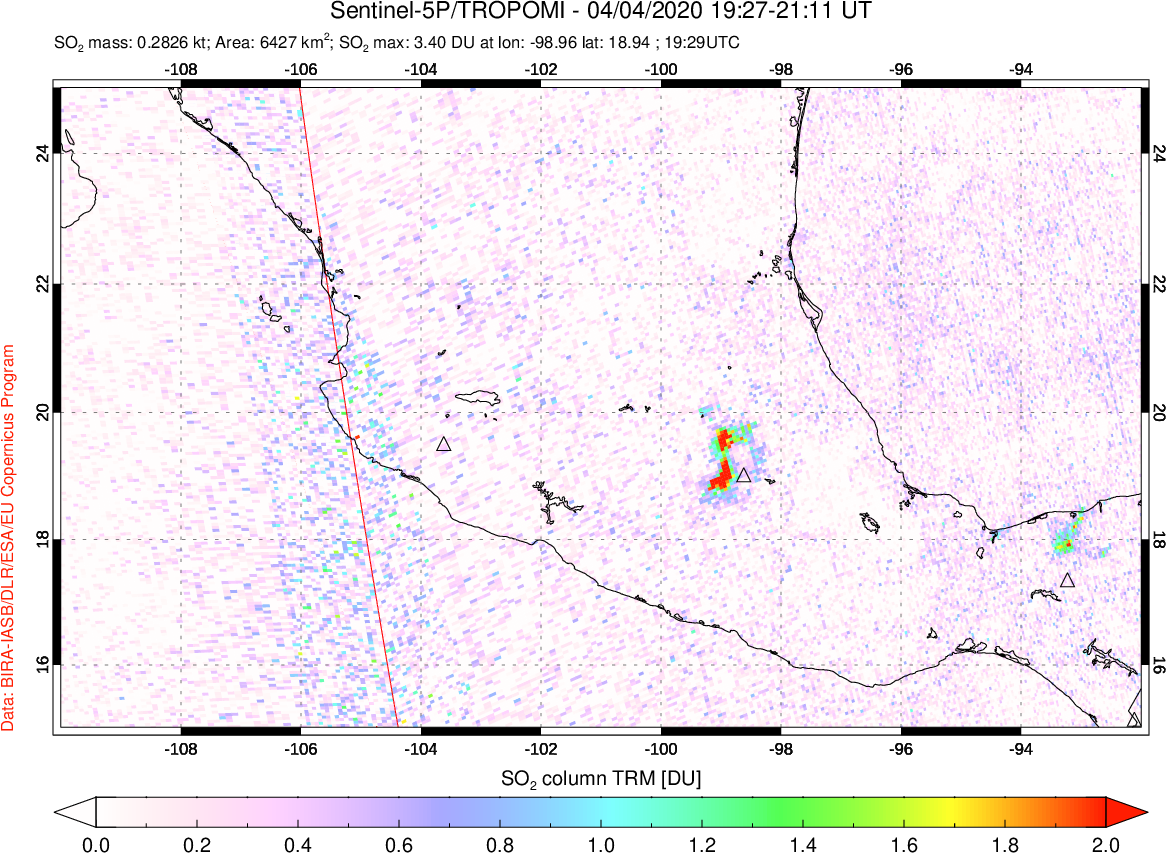 A sulfur dioxide image over Mexico on Apr 04, 2020.