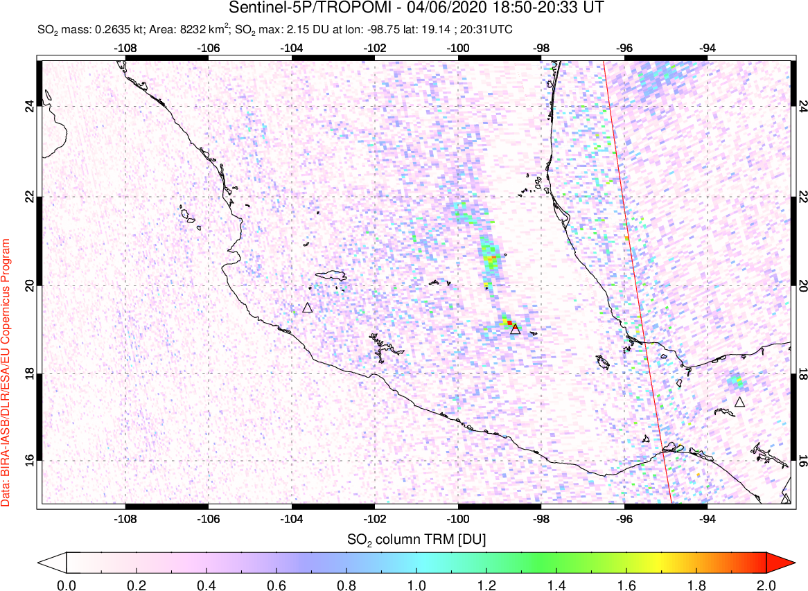 A sulfur dioxide image over Mexico on Apr 06, 2020.