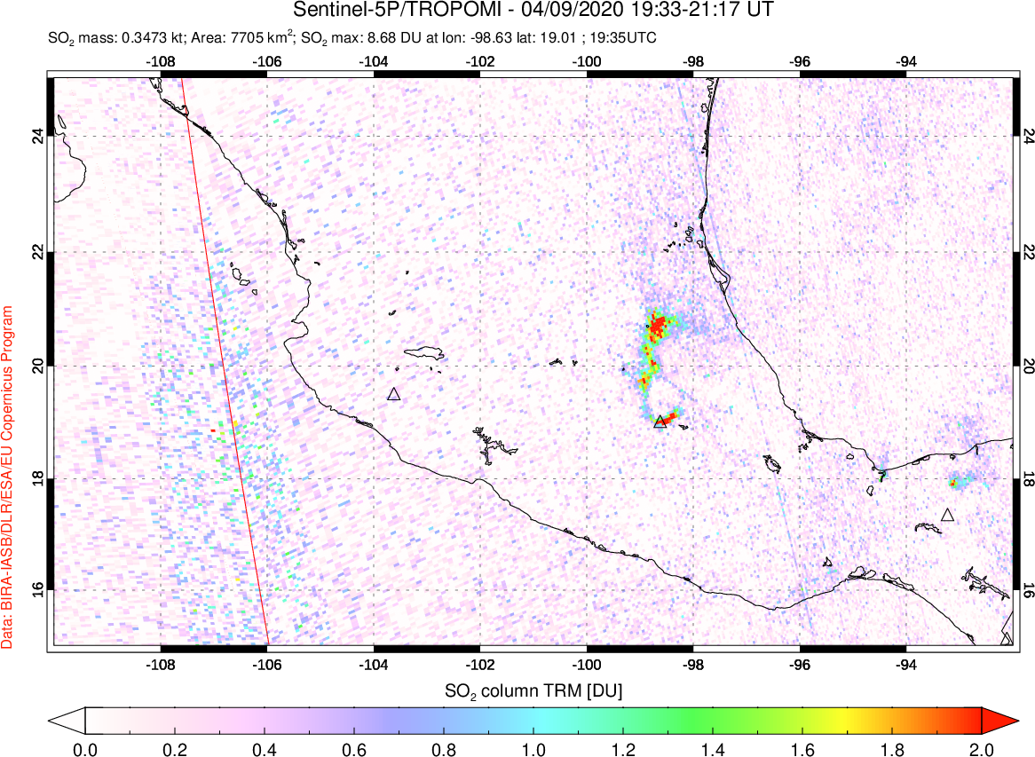 A sulfur dioxide image over Mexico on Apr 09, 2020.