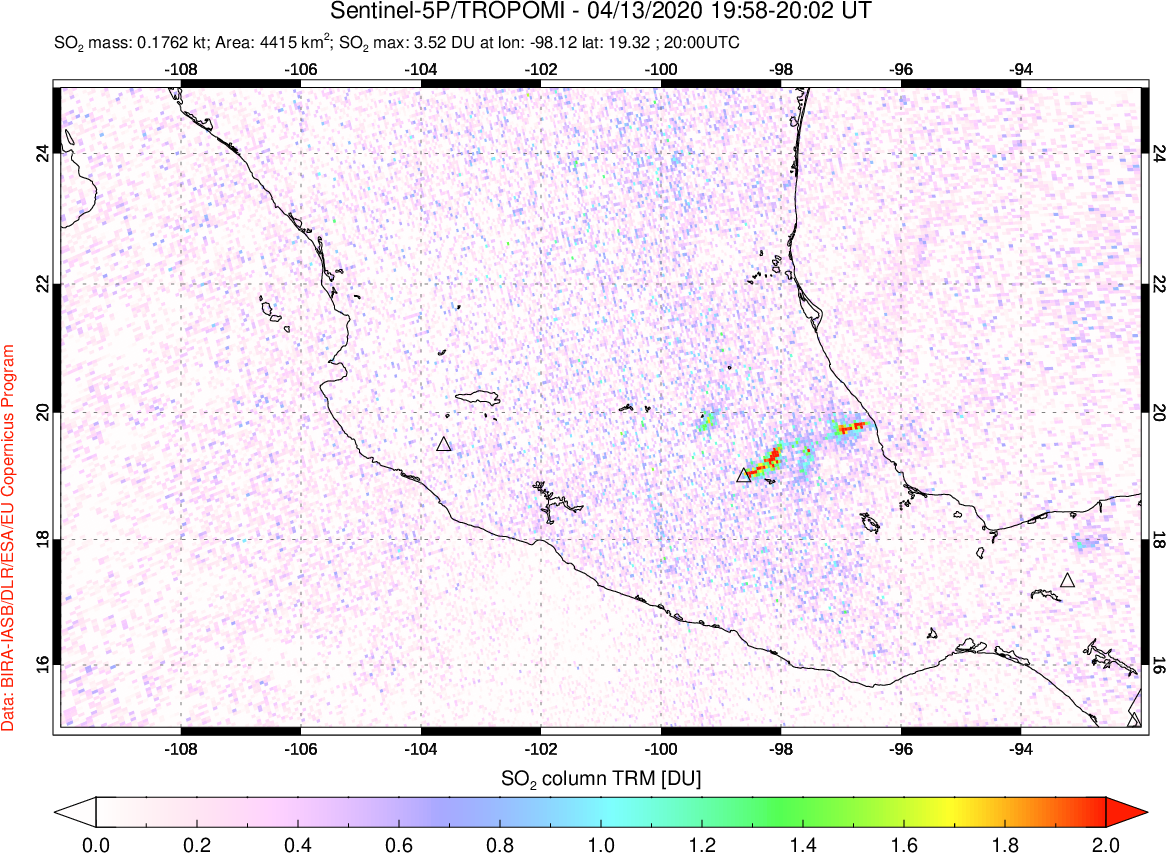 A sulfur dioxide image over Mexico on Apr 13, 2020.