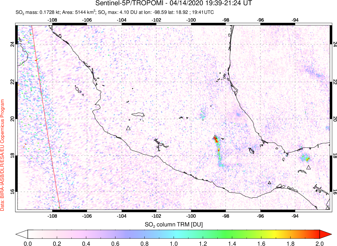 A sulfur dioxide image over Mexico on Apr 14, 2020.