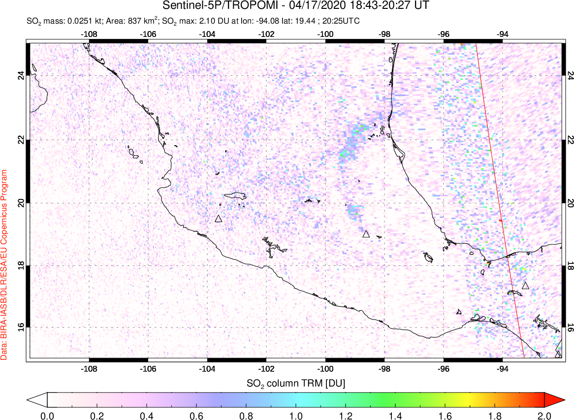 A sulfur dioxide image over Mexico on Apr 17, 2020.
