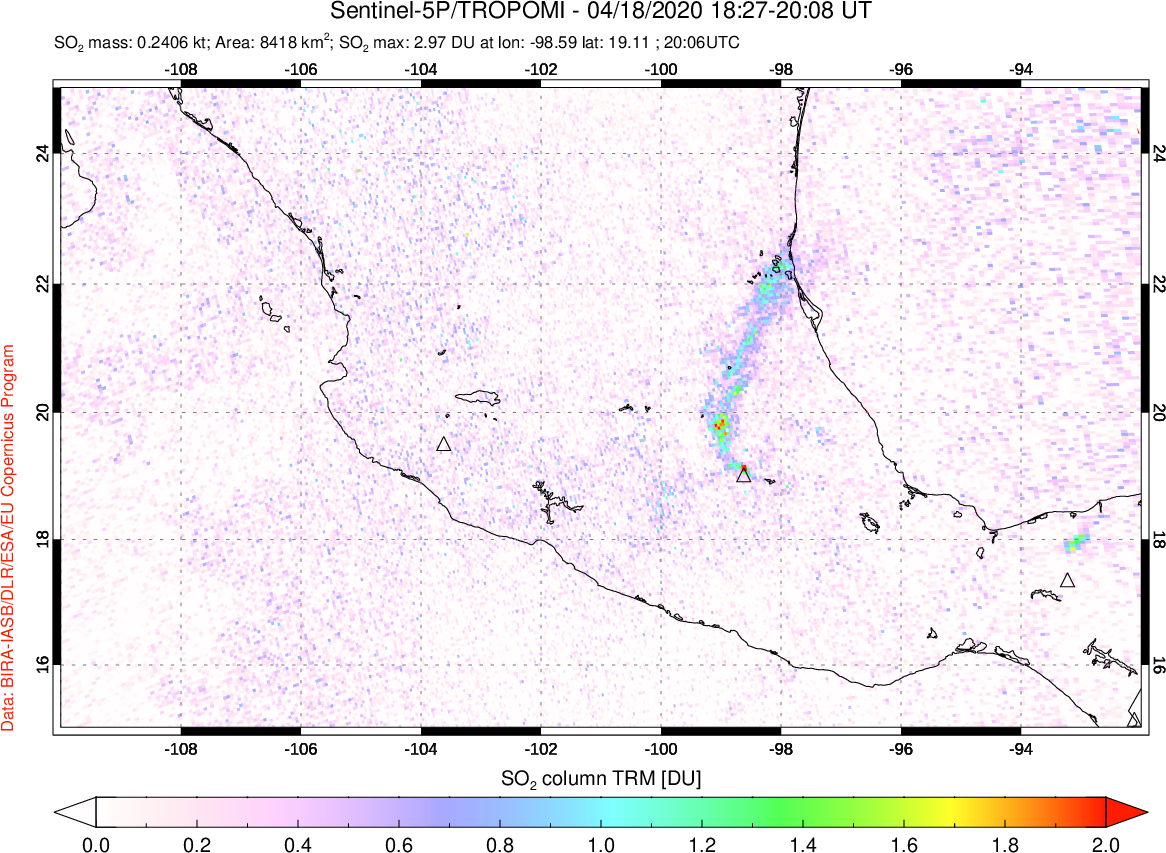 A sulfur dioxide image over Mexico on Apr 18, 2020.