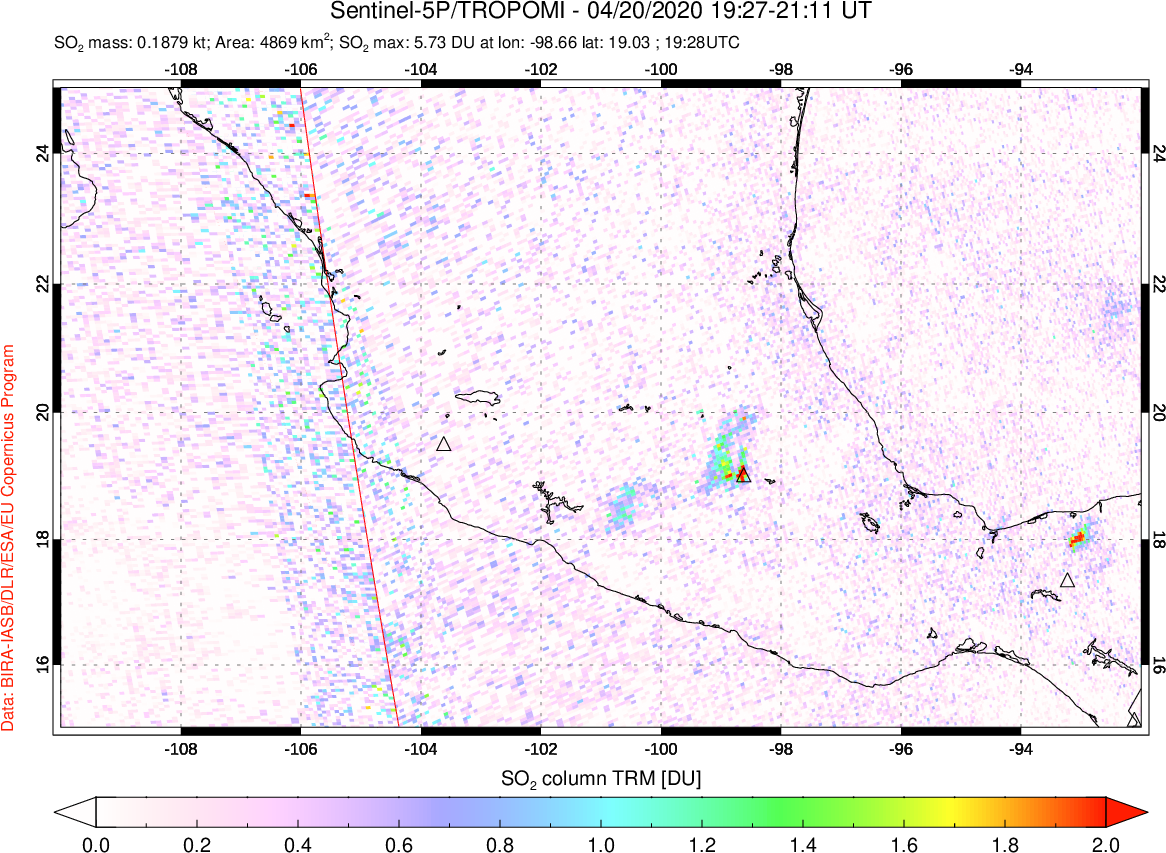A sulfur dioxide image over Mexico on Apr 20, 2020.