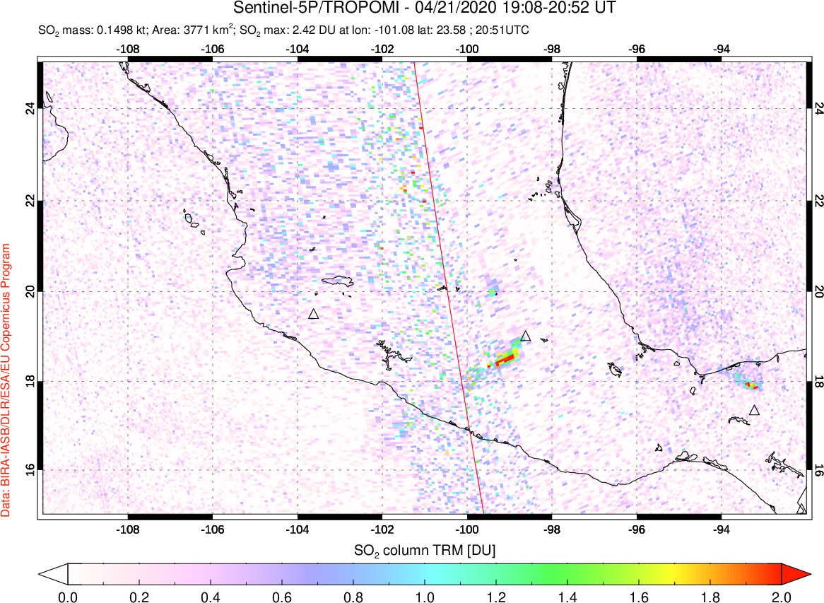 A sulfur dioxide image over Mexico on Apr 21, 2020.