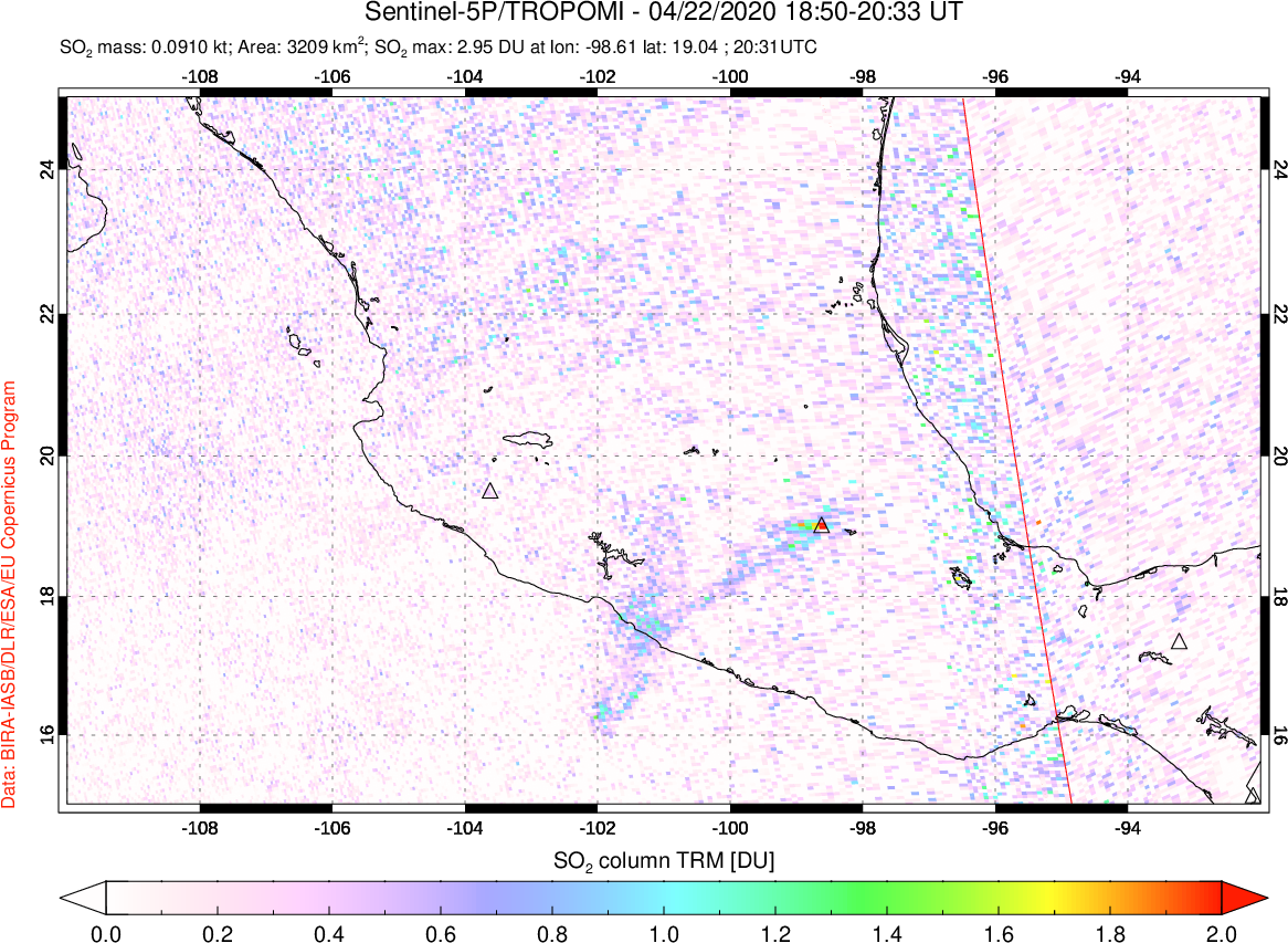 A sulfur dioxide image over Mexico on Apr 22, 2020.