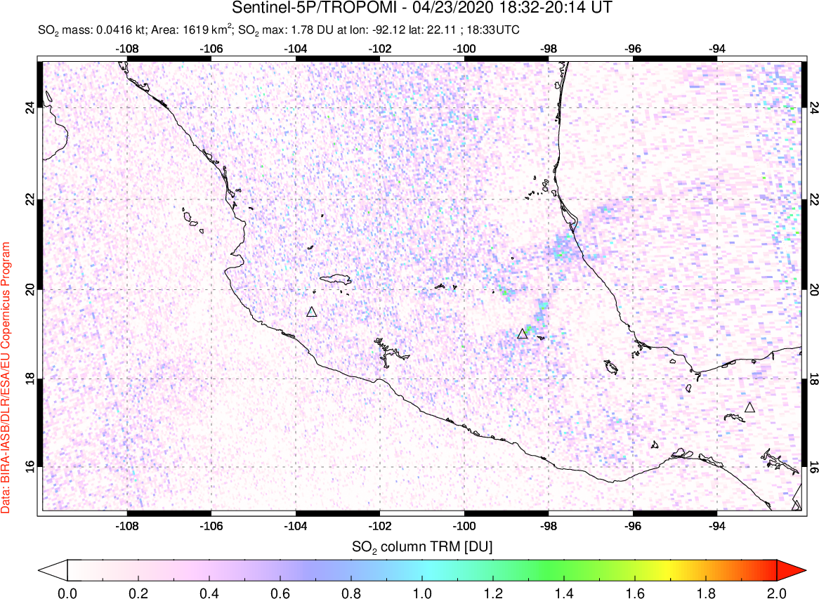 A sulfur dioxide image over Mexico on Apr 23, 2020.
