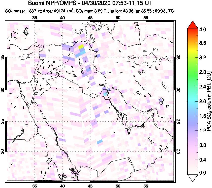 A sulfur dioxide image over Middle East on Apr 30, 2020.
