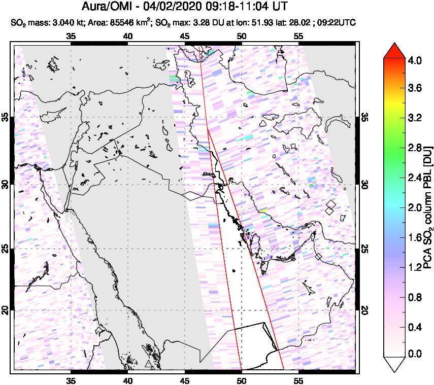 A sulfur dioxide image over Middle East on Apr 02, 2020.