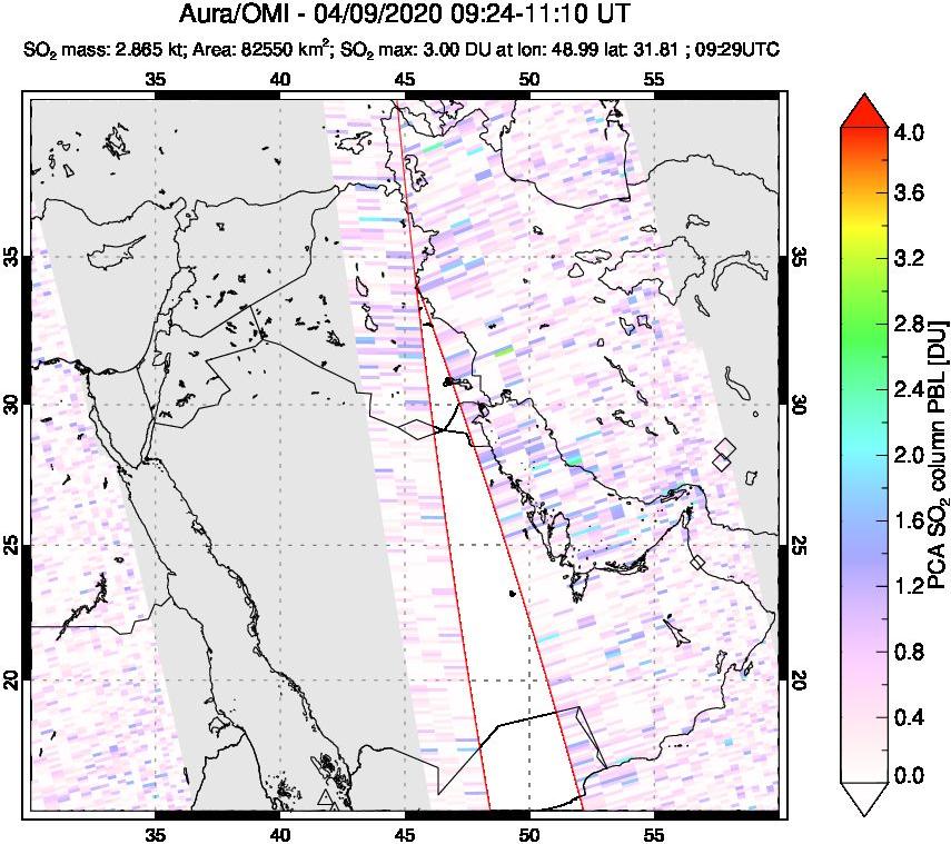 A sulfur dioxide image over Middle East on Apr 09, 2020.