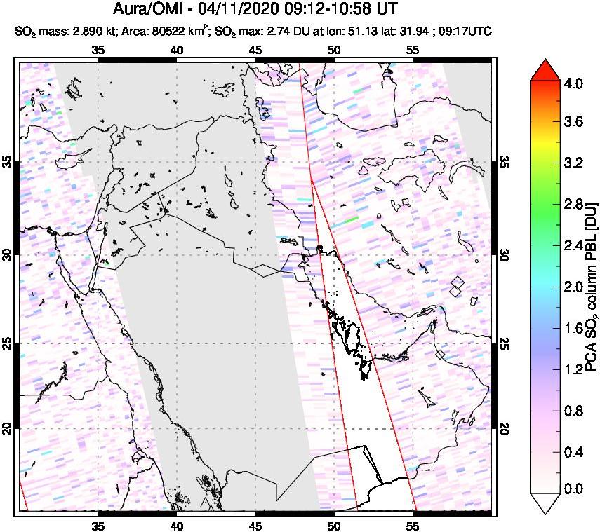A sulfur dioxide image over Middle East on Apr 11, 2020.