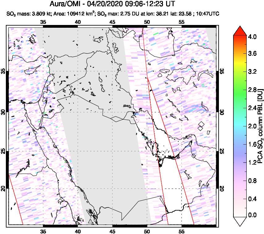 A sulfur dioxide image over Middle East on Apr 20, 2020.
