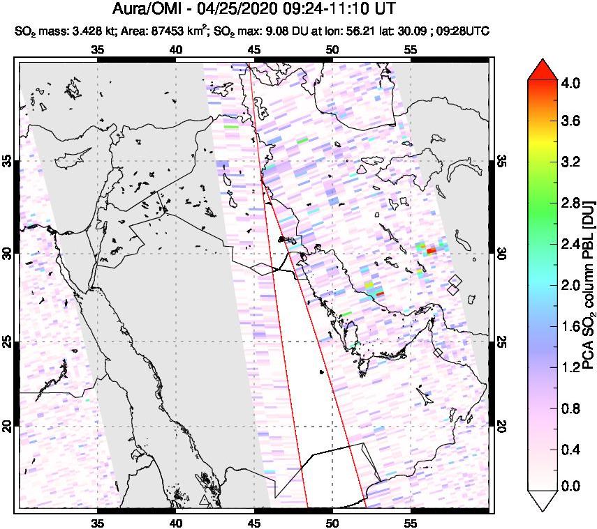 A sulfur dioxide image over Middle East on Apr 25, 2020.