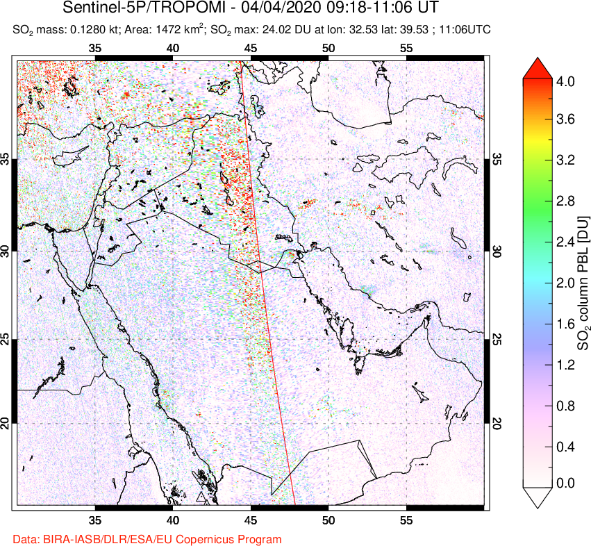 A sulfur dioxide image over Middle East on Apr 04, 2020.