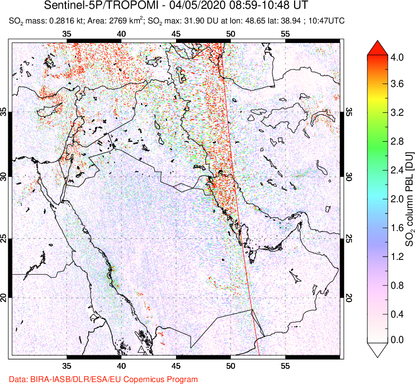 A sulfur dioxide image over Middle East on Apr 05, 2020.